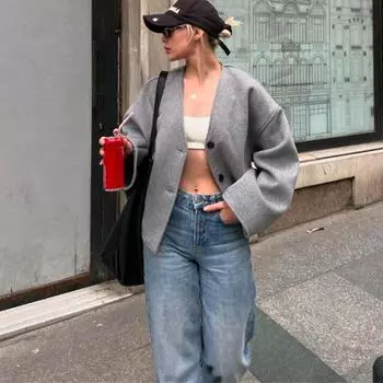 Женская мода однотонная винтажная куртка свободный V-образный вырез однобортный пиджак длинный рукав карманы пальто осень зима женская уличная одежда M серый