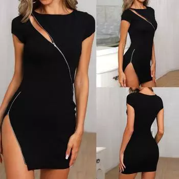 Женская мода однотонное мини-платье с круглым вырезом и широким вырезом на молнии, сексуальное платье M чёрный