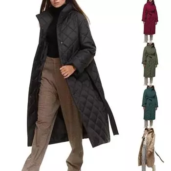 Женская мода, однотонное осеннее и зимнее пальто с длинным рукавом и воротником-стойкой с поясом M чёрный