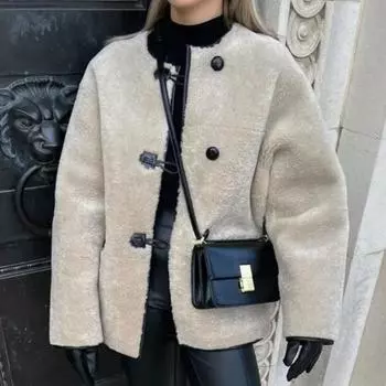 Женская мода однотонное овечье шерстяное пальто с роговыми пуговицами, свободный однобортный теплый топ с круглым вырезом, зимняя женская элегантная куртка S абрикосовый