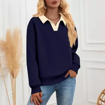 Женская мода однотонное повседневное худи с длинным рукавом L тёмно-синий