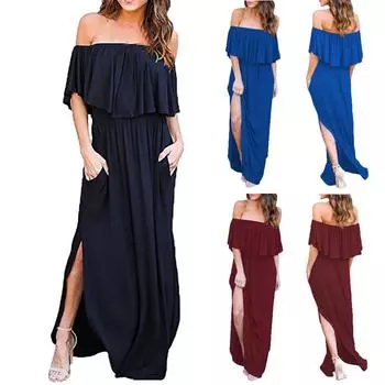 Женская мода, однотонное свободное платье без бретелек с карманами и рюшами, длинная юбка L синий