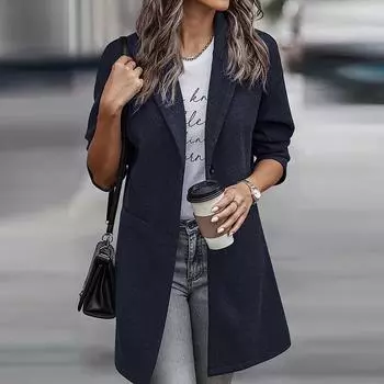 Женская мода однотонное тонкое пальто с длинным рукавом и карманом на пуговицах M чёрный