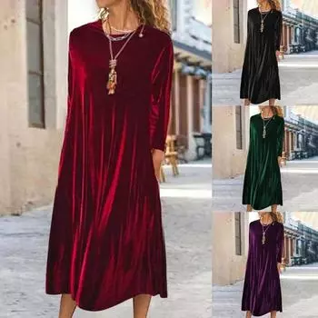 Женская мода однотонное золотое бархатное темпераментное длинное повседневное платье с круглым вырезом