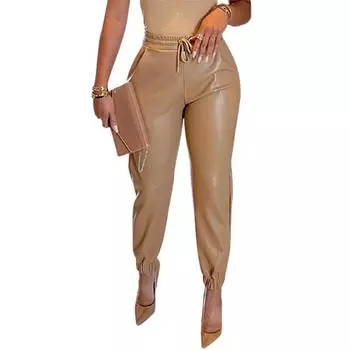 Женская мода однотонные брюки на кулиске с карманами из ПУ кожи повседневные модные брюки на кулиске из кожи женские XS хаки