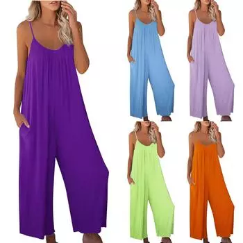 Женская мода, однотонные карманы, свободные длинные брюки, повседневный летний комбинезон L синий