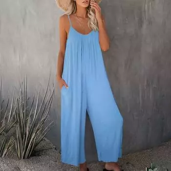 Женская мода, однотонные карманы, свободные длинные брюки, повседневный летний комбинезон S зелёный