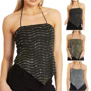 Женская мода, однотонные майки с блестками, без рукавов, на шнуровке, висячие футболки, топы L чёрный