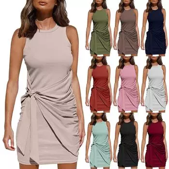 Женская мода однотонные платья без рукавов с круглым вырезом и нерегулярным поясом с запахом на бедрах L чёрный