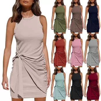 Женская мода однотонные платья без рукавов с круглым вырезом и нерегулярным поясом с запахом на бедрах M