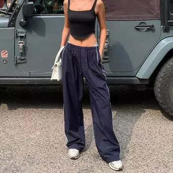 Женская мода, однотонные повседневные разноцветные длинные брюки со свободной талией и отличительным шнурком по бокам XL чёрный