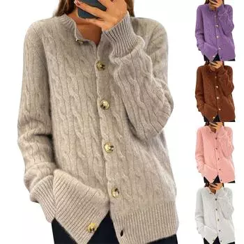 Женская мода однотонный длинный рукав круглый вырез вязаный кардиган пуговиц свитер куртка M