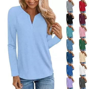 Женская мода однотонный длинный рукав рукав плунжер V-образный вырез повседневный топ XL розовый