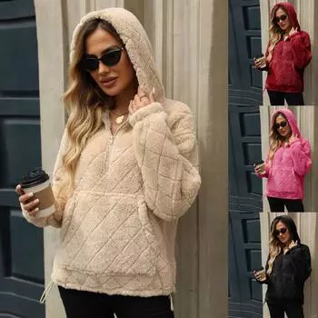 Женская мода однотонный длинный рукав свободный полумолния пуловер с капюшоном плюшевый свитшот топ L чёрный