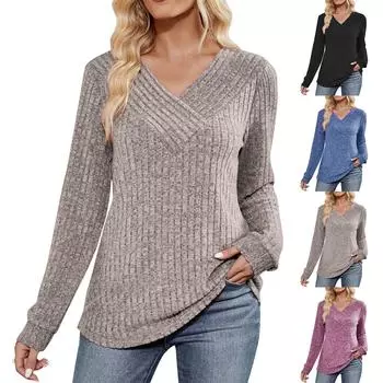 Женская мода однотонный длинный рукав V-образный вырез повседневный пуловер футболка топ XXL чёрный