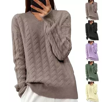 Женская мода однотонный длинный рукав витой цветок V-образный вырез трикотаж пуловер топ свитер L