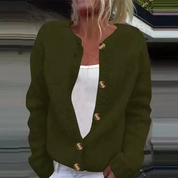 Женская мода однотонный длинный рукав вязаный кардиган куртка на пуговицах L армия зеленый