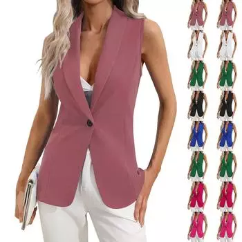 Женская мода однотонный кардиган на одной пуговице без рукавов с круглым вырезом пальто L чёрный