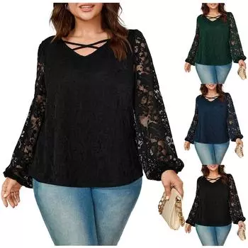 Женская мода однотонный крест V-образный вырез с длинными рукавами кружевной универсальный топ больших размеров XXL чёрный