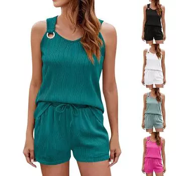 Женская мода однотонный круглый вырез без рукавов майка карман шорты повседневный комплект L чёрный