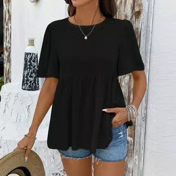Женская мода однотонный круглый вырез короткий рукав повседневная короткая рубашка топ L чёрный