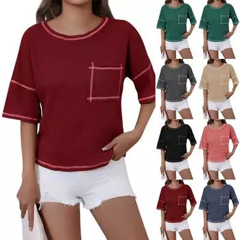 Женская мода однотонный круглый вырез короткий рукав карман свитер повседневная футболка топ L чёрный