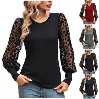 Женская мода однотонный круглый вырез приталенный сетчатый топ с длинным рукавом XXL чёрный