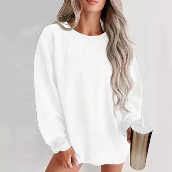 Женская мода однотонный круглый вырез с длинным рукавом повседневный пуловер свитшот топ S белый
