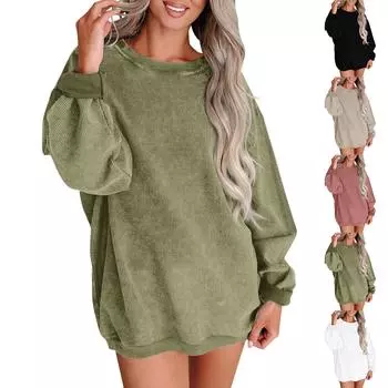 Женская мода однотонный круглый вырез с длинным рукавом повседневный пуловер свитшот топ XL хаки