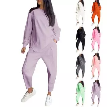 Женская мода однотонный круглый вырез с длинными рукавами свободный асимметричный свитер комплект XXXXXL