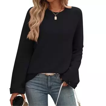 Женская мода однотонный круглый вырез с пуговицами длинный рукав свитер топ L чёрный