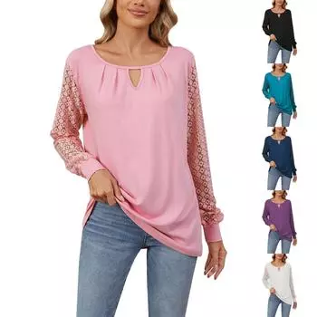 Женская мода однотонный круглый вырез свободный кружевной стежок длинный рукав пуловер топ L чёрный