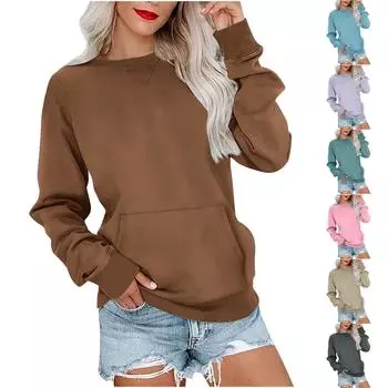 Женская мода однотонный круглый вырез свободный топ длинный рукав свободный свитшот XXL