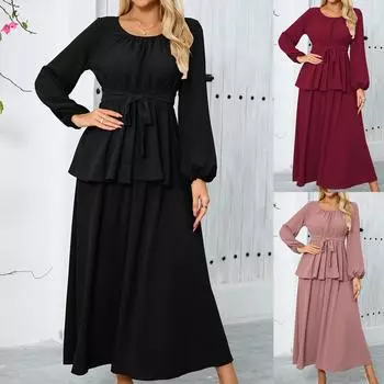 Женская мода однотонный круглый вырез топ с длинными рукавами длинная полуоблегающая юбка комплект из двух частей юбки L чёрный