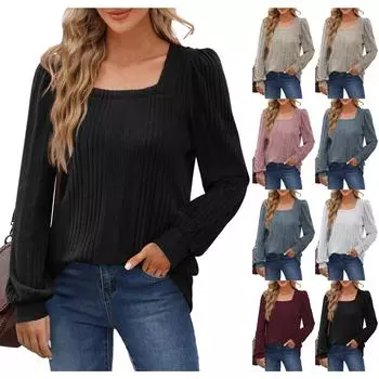 Женская мода однотонный квадратный вырез повседневный длинный рукав трикотажный топ XXL синий
