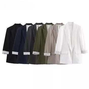 Женская мода однотонный льняной блейзер с зазубренным воротником, длинные закатанные рукава, женский шикарный офисный женский деловой наряд XS чёрный
