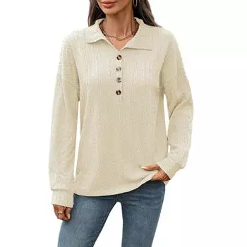 Женская мода Однотонный лацкан Пуговицы Отделка Свободный Лонгслив Футболка Топ XL бежевый