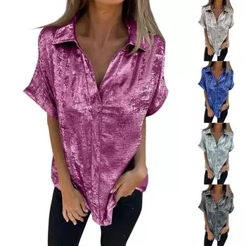 Женская мода однотонный лацкан с короткими рукавами свободный пуловер рубашка топ L синий