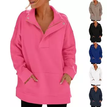 Женская мода однотонный молния круглый вырез длинный рукав карман повседневный пуловер свитшот топ L чёрный