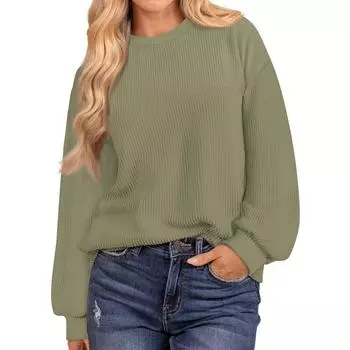 Женская мода однотонный нитка длинный рукав свободный круглый вырез пуловер топ L армия зеленый