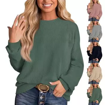 Женская мода однотонный нитка длинный рукав свободный круглый вырез пуловер топ L темно-зеленого