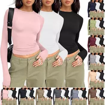 Женская мода, однотонный повседневный пуловер с длинными рукавами, футболка, футболка, комплект из трех топов L чёрный