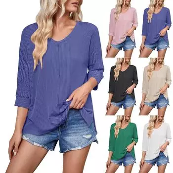 Женская мода, однотонный повседневный топ с круглым вырезом и волнистой полосой, с восемью рукавами L чёрный