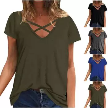 Женская мода, однотонный повседневный топ с перекрестными ремешками и короткими рукавами L