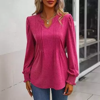 Женская мода однотонный повседневный топ с рукавами-пузырями и V-образным вырезом с длинным рукавом футболка для женщин S фуксия