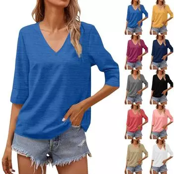 Женская мода, однотонный повседневный топ с v-образным вырезом и средними рукавами L чёрный