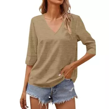 Женская мода, однотонный повседневный топ с v-образным вырезом и средними рукавами M хаки