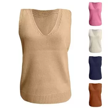 Женская мода однотонный повседневный трикотажный свитер с высоким воротом без рукавов жилет L бежевый