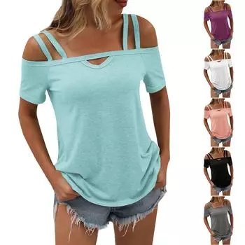 Женская мода, однотонный пуловер, однотонная футболка с открытыми плечами и подтяжками на плечах, топ с короткими рукавами XL