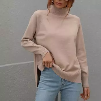 Женская мода однотонный свитер с длинным рукавом и полувысоким воротом и разрезом реглан M хаки